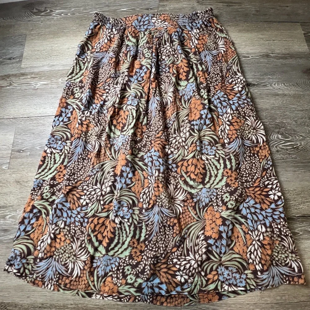 Handmade Floral Maxi Skirt Womens M Brown Orange Smocked Elastic Waist Boho